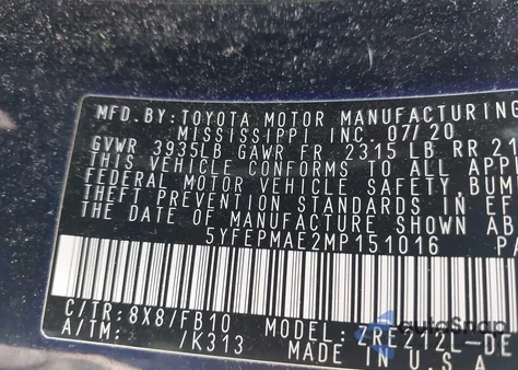 2021 Toyota Corolla Le из США, поврежденный, VIN 5YFEPMAE2MP151016